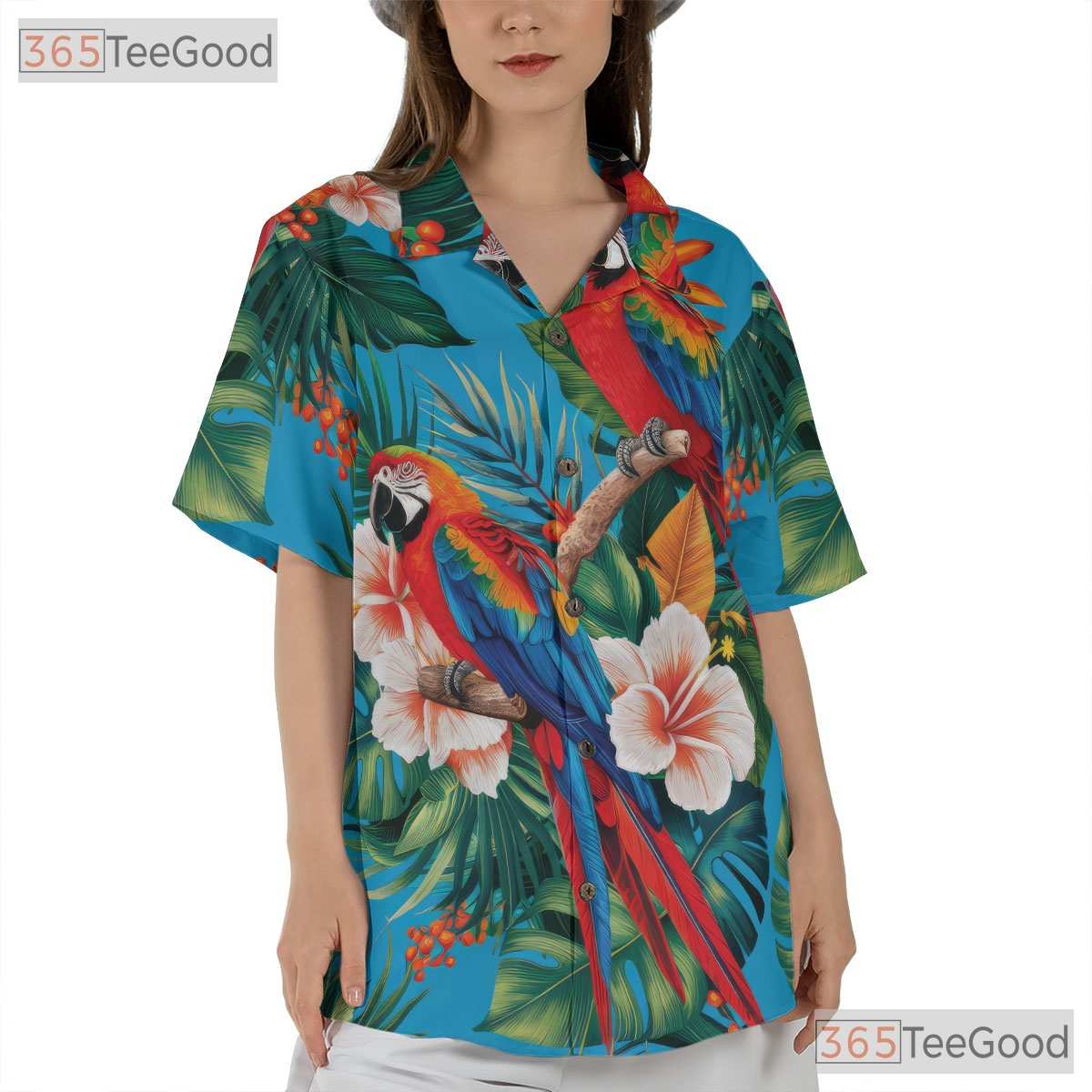 Tropical Blue Parrot Island Print Hawaiian Tee Unisex Summer Beach Vacation Top