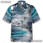 Tropical Blue Sunset Palm Beach Hawaiian Tee Men Women Summer Vacation Outfit