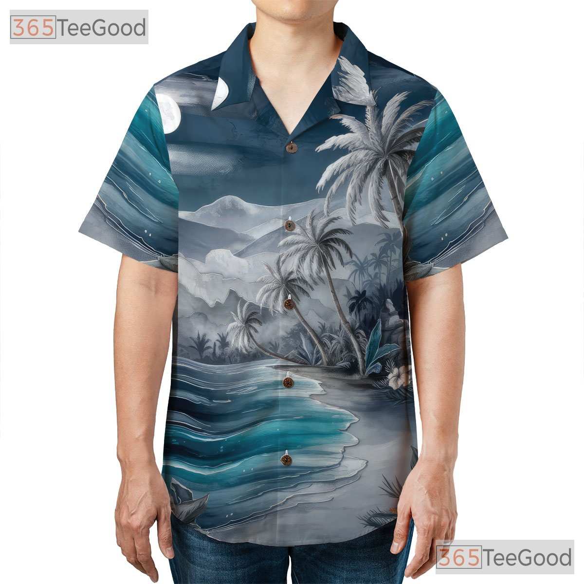 Tropical Blue Sunset Palm Beach Hawaiian Tee Men Women Summer Vacation Outfit