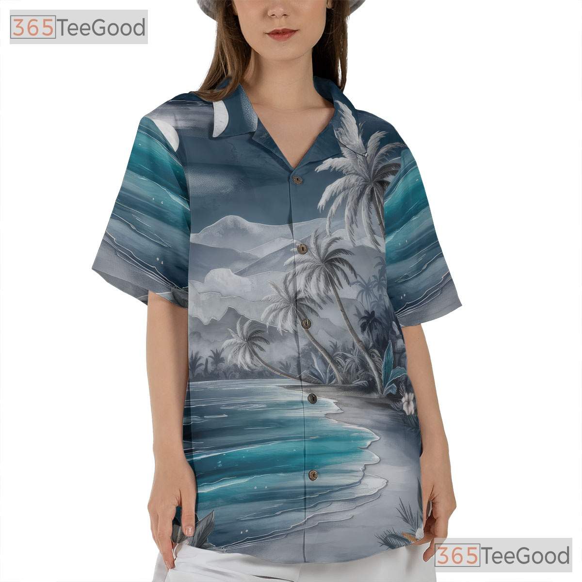 Tropical Blue Sunset Palm Beach Hawaiian Tee Men Women Summer Vacation Outfit
