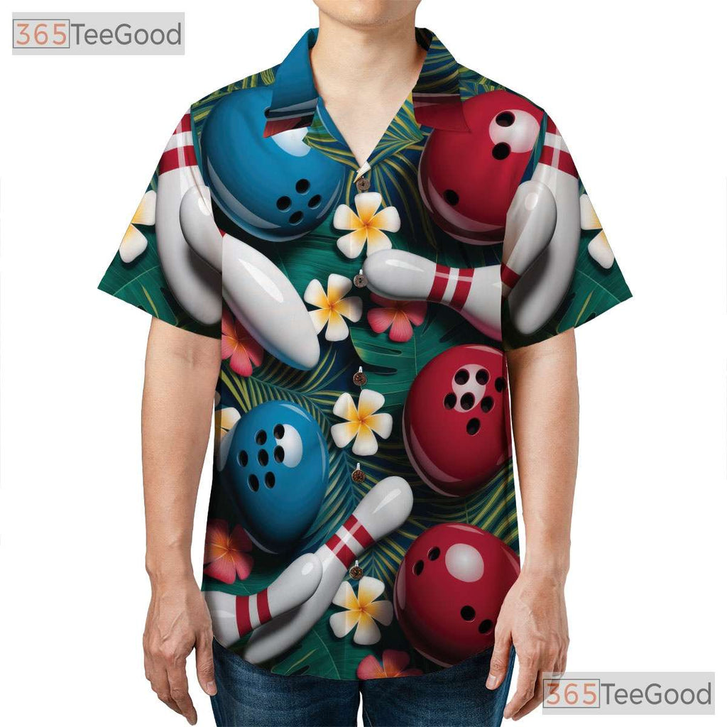 Tropical Bowling Hawaiian Tee- Unisex Palm Hibiscus Summer Beach Party Top