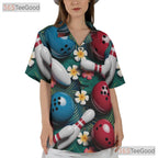 Tropical Bowling Hawaiian Tee- Unisex Palm Hibiscus Summer Beach Party Top