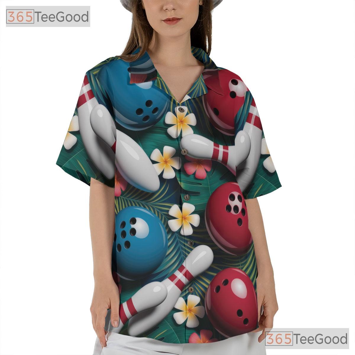 Tropical Bowling Hawaiian Tee- Unisex Palm Hibiscus Summer Beach Party Top