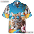 Tropical Cat Print Hawaiian Shirt- Unisex Summer Vacation Palm Hibiscus Top