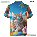 Tropical Cat Print Hawaiian Shirt- Unisex Summer Vacation Palm Hibiscus Top