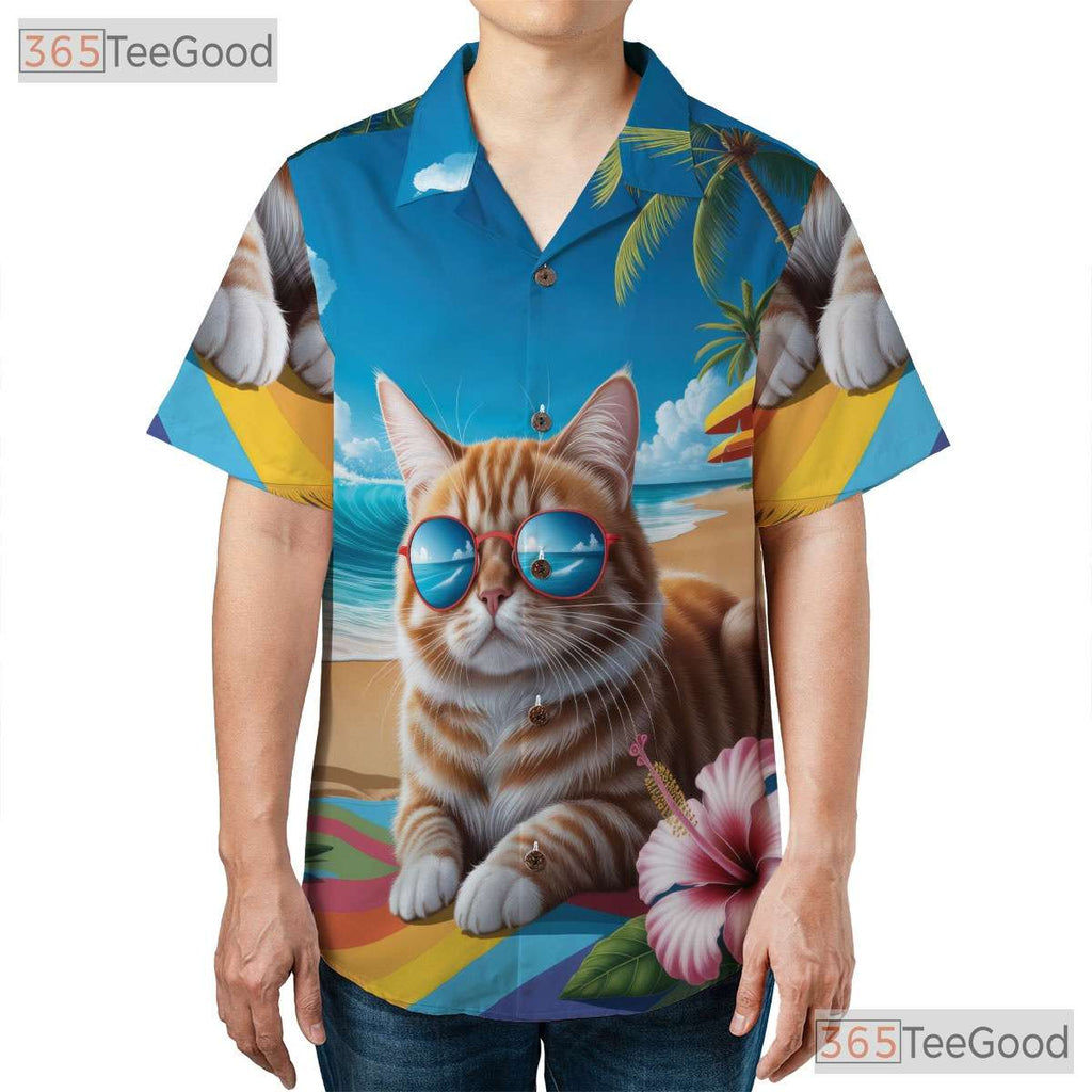 Tropical Cat Print Hawaiian Shirt- Unisex Summer Vacation Palm Hibiscus Top