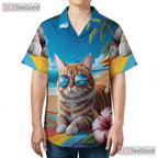 Tropical Cat Print Hawaiian Shirt- Unisex Summer Vacation Palm Hibiscus Top