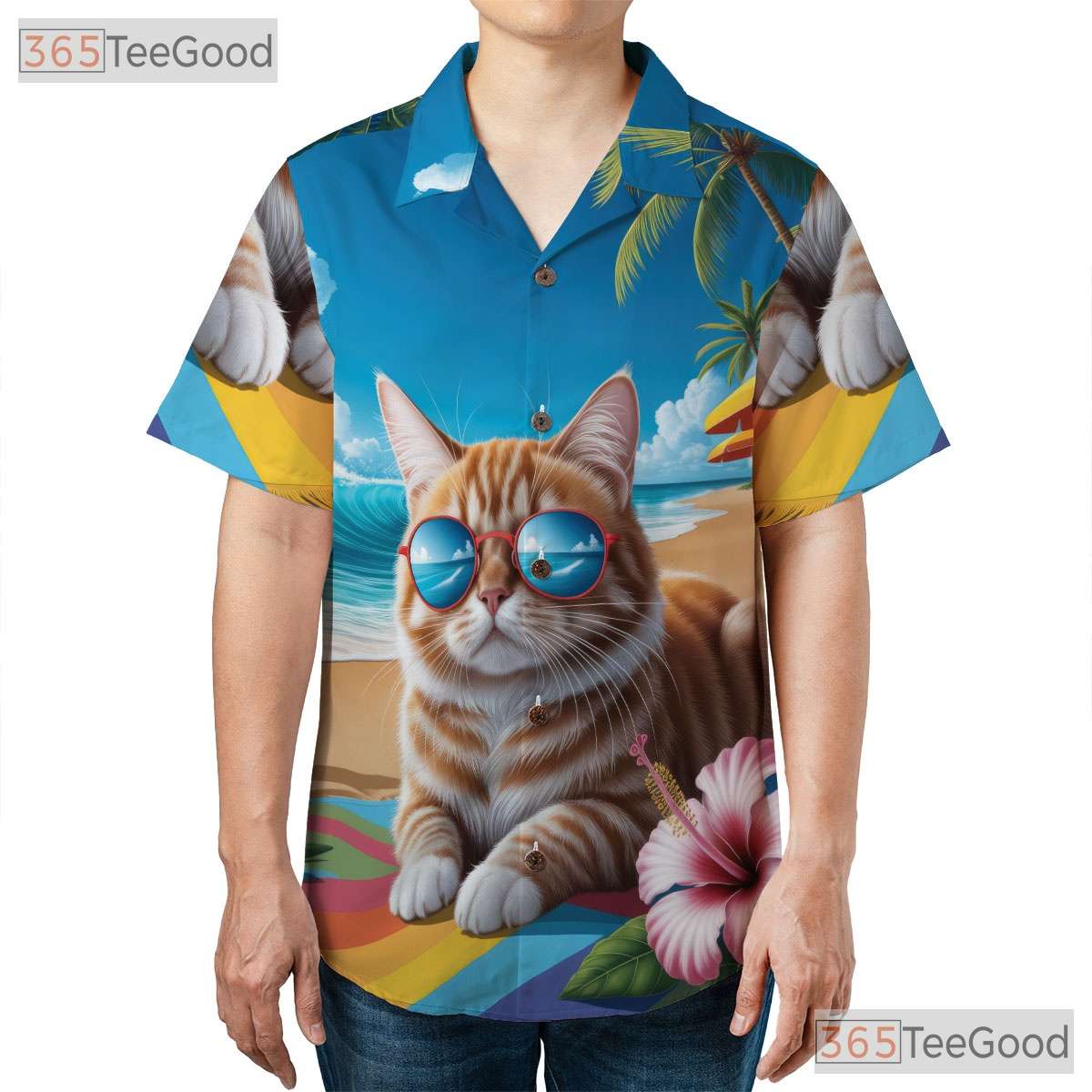 Tropical Cat Print Hawaiian Shirt- Unisex Summer Vacation Palm Hibiscus Top