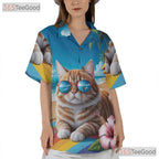 Tropical Cat Print Hawaiian Shirt- Unisex Summer Vacation Palm Hibiscus Top