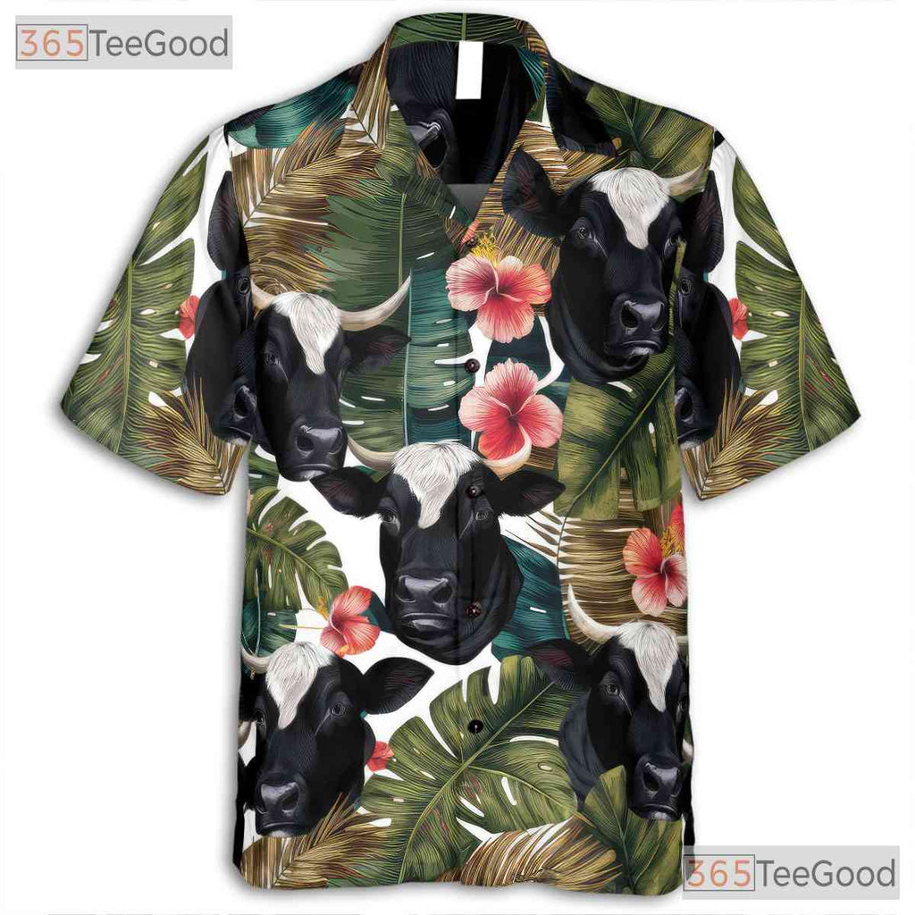 Tropical Cow Palm Leaf Hibiscus Seamless Hawaiian Shirt Unisex Aloha Summer Top