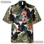 Tropical Cow Palm Leaf Hibiscus Seamless Hawaiian Shirt Unisex Aloha Summer Top