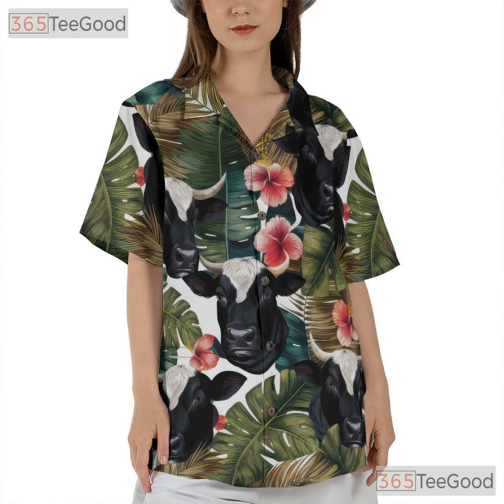 Tropical Cow Palm Leaf Hibiscus Seamless Hawaiian Shirt Unisex Aloha Summer Top