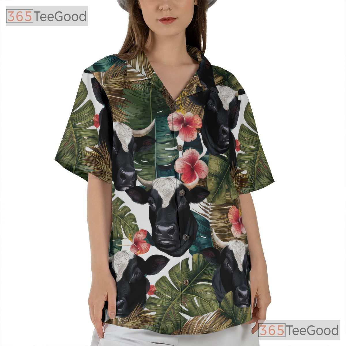 Tropical Cow Palm Leaf Hibiscus Seamless Hawaiian Shirt Unisex Aloha Summer Top