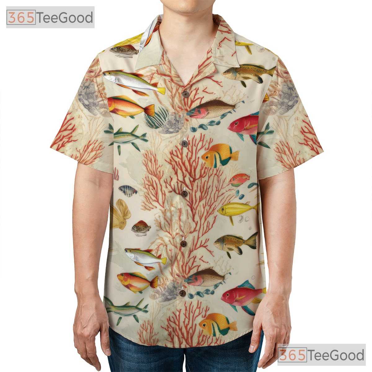 Tropical Fish Coral Ocean Print Vintage Hawaiian Tee Men Women Summer Top