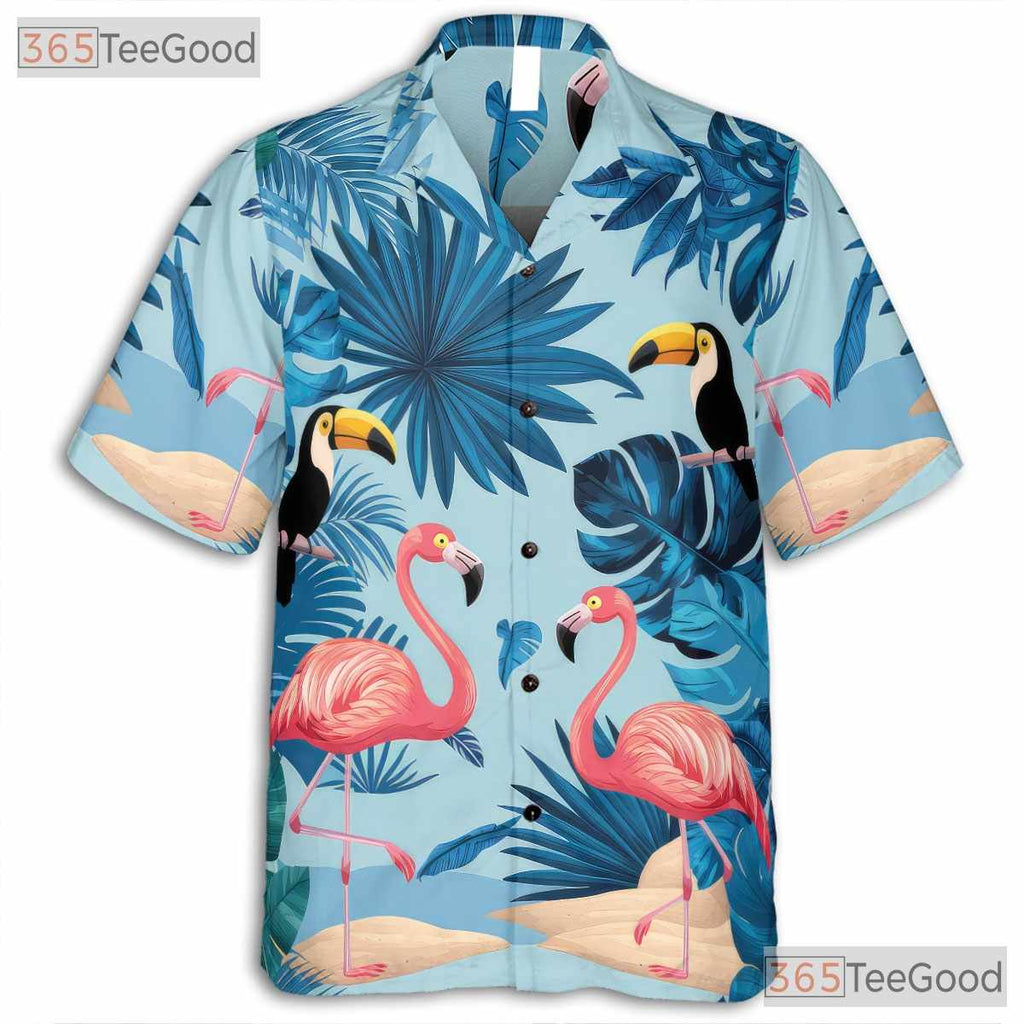 Tropical Flamingo Toucan Palm Leaves Beach Style Hawaiian Tee Unisex Outfit
