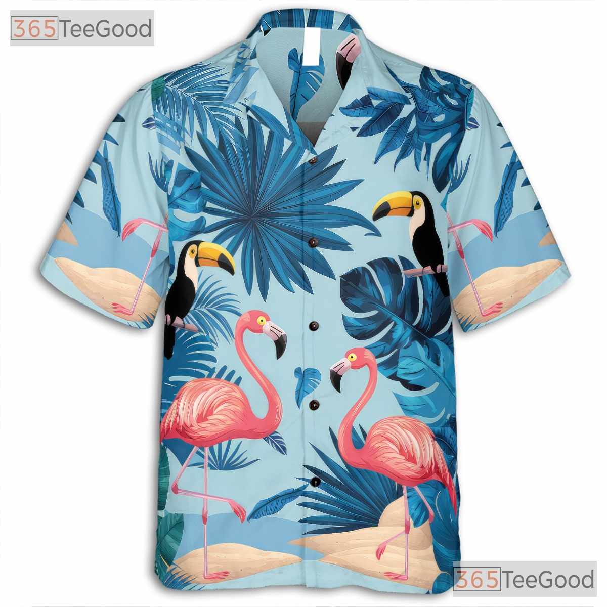 Tropical Flamingo Toucan Palm Leaves Beach Style Hawaiian Tee Unisex Outfit