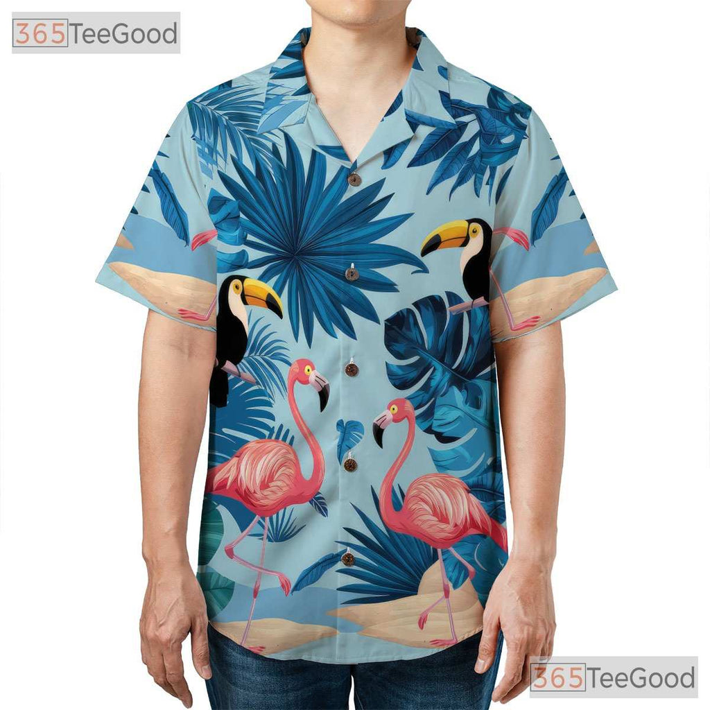 Tropical Flamingo Toucan Palm Leaves Beach Style Hawaiian Tee Unisex Outfit