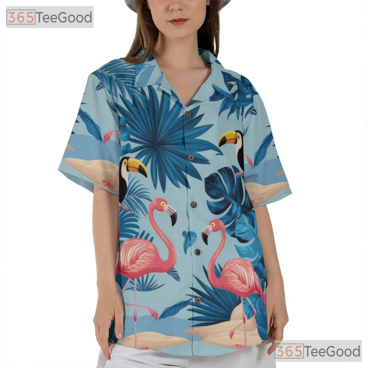 Tropical Flamingo Toucan Palm Leaves Beach Style Hawaiian Tee Unisex Outfit