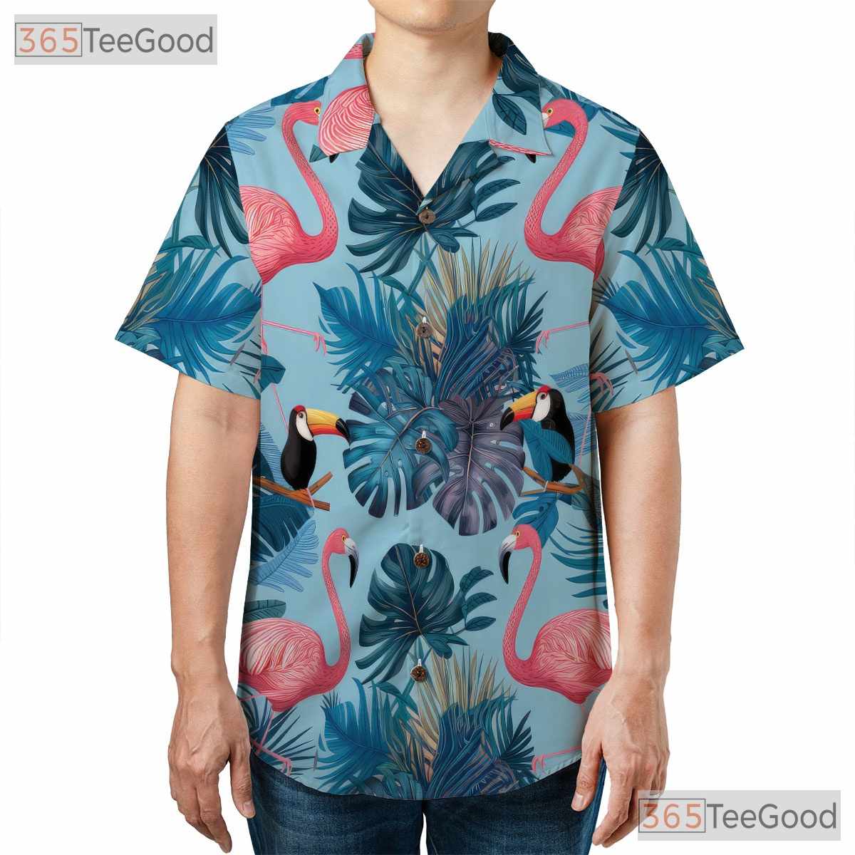 Tropical Flamingo Toucan Palm Leaves Beachwear Hawaiian Tee Unisex Summer Top