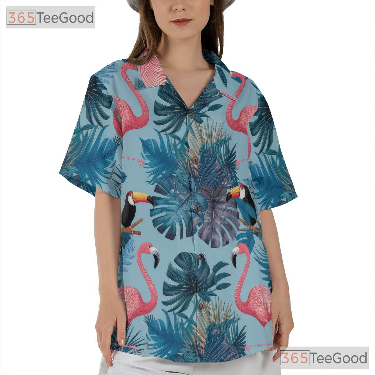 Tropical Flamingo Toucan Palm Leaves Beachwear Hawaiian Tee Unisex Summer Top