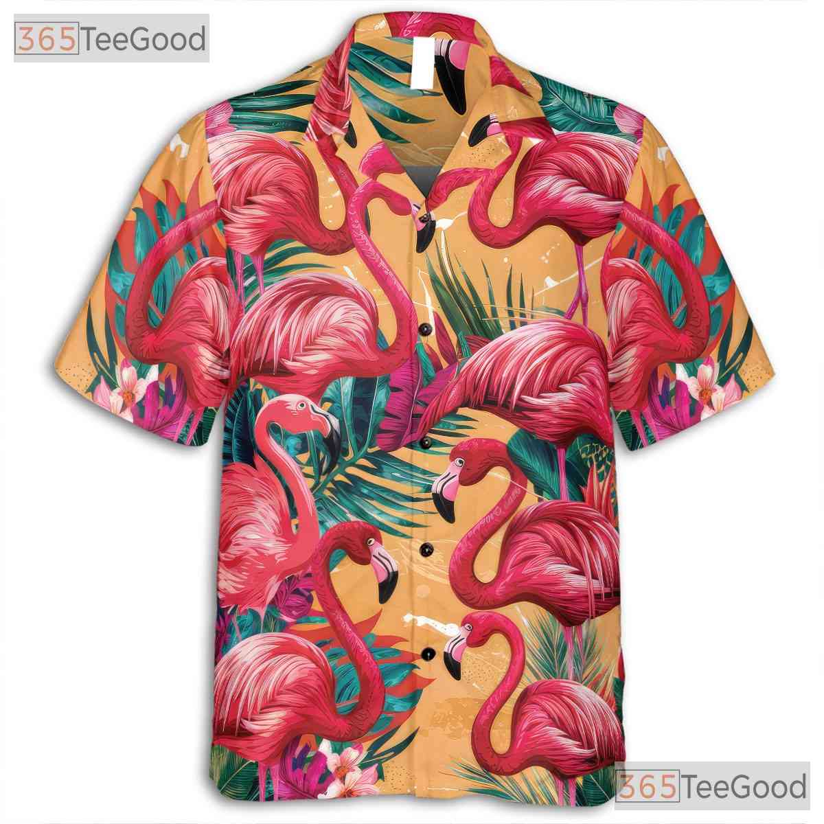 Tropical Flamingo Vibrant Pink Birds Palm Leaves Aloha Hawaiian Tee Unisex