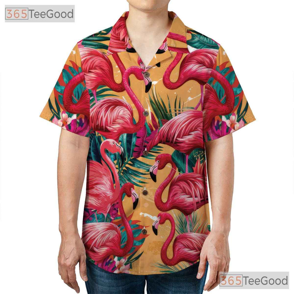 Tropical Flamingo Vibrant Pink Birds Palm Leaves Aloha Hawaiian Tee Unisex
