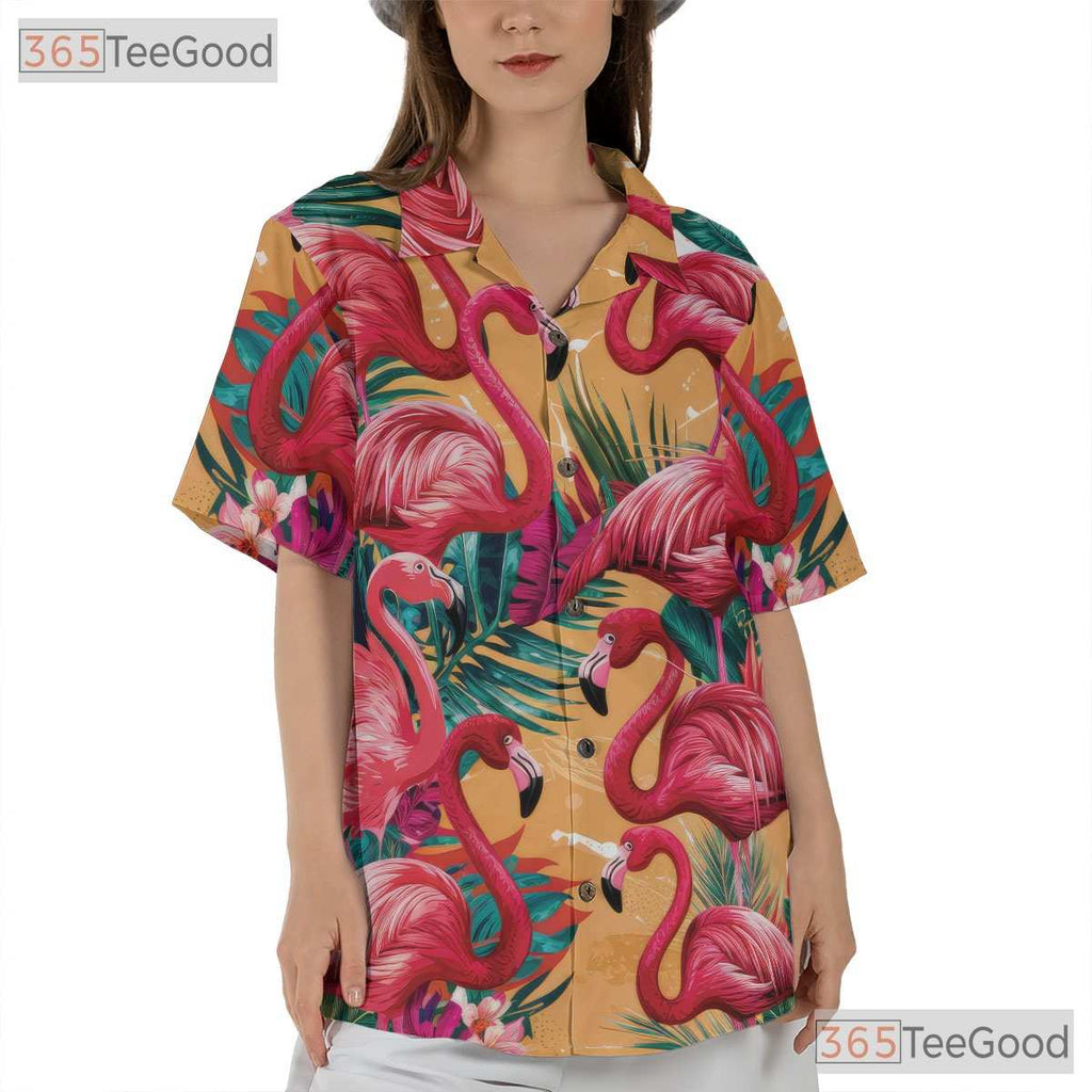 Tropical Flamingo Vibrant Pink Birds Palm Leaves Aloha Hawaiian Tee Unisex