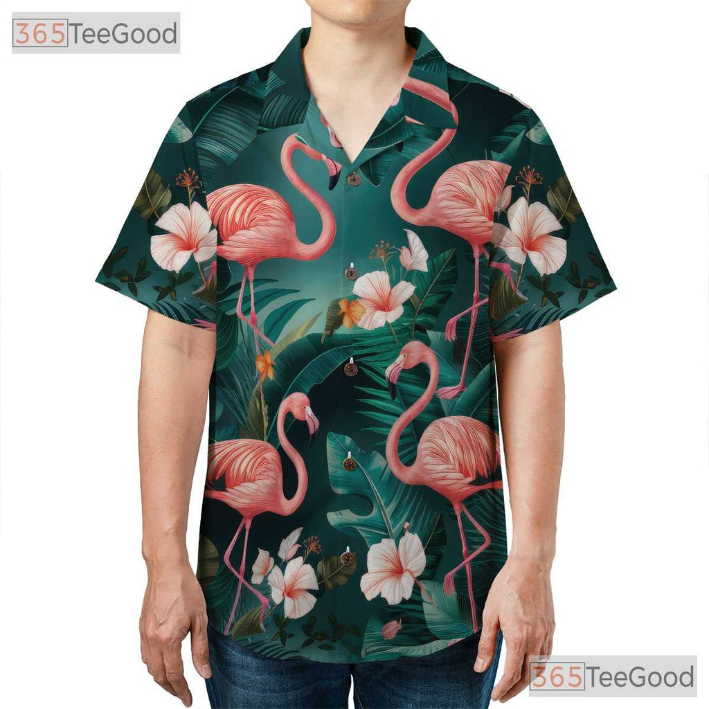Tropical Flamingos Jungle Leaves Floral Hawaiian Tee Unisex Summer Outfit