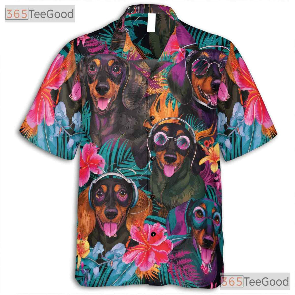 Tropical Floral Dachshund Dogs Island Style Hawaiian Tee Unisex Summer Top