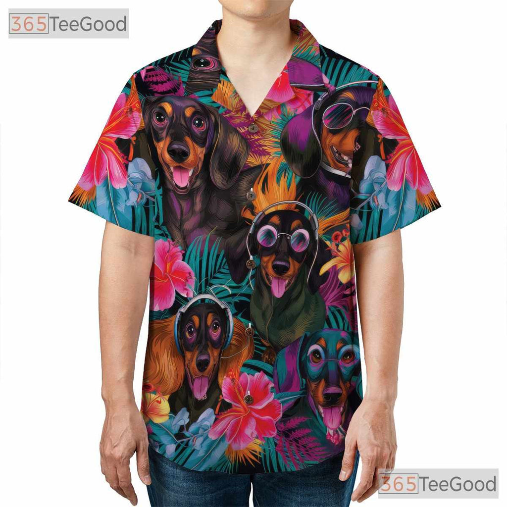 Tropical Floral Dachshund Dogs Island Style Hawaiian Tee Unisex Summer Top