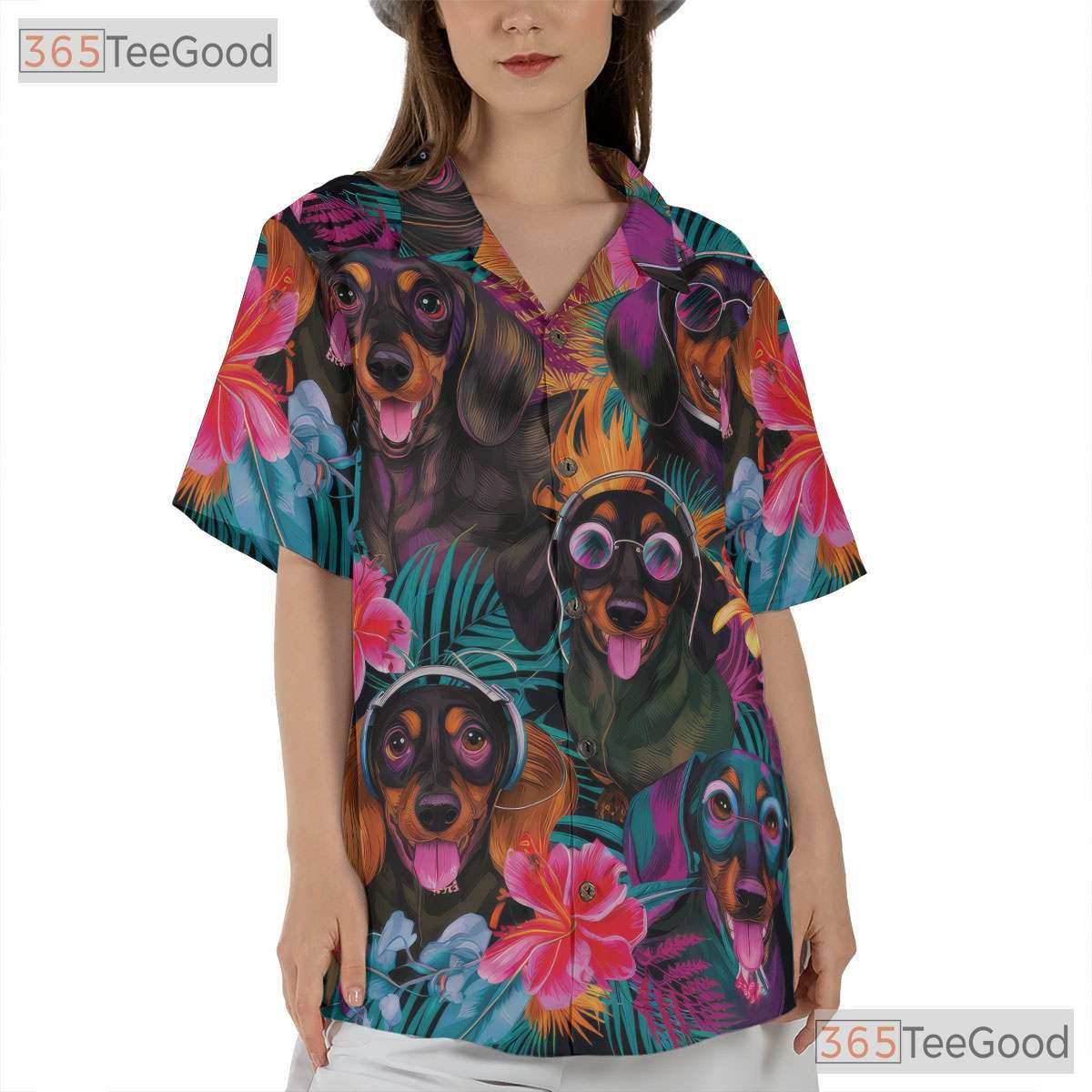 Tropical Floral Dachshund Dogs Island Style Hawaiian Tee Unisex Summer Top