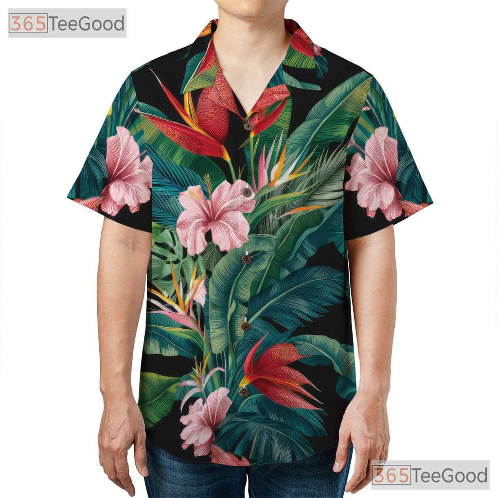 Tropical Floral Palm Leaf Summer Aloha Hawaiian Shirt Men Women Vacation Outfit