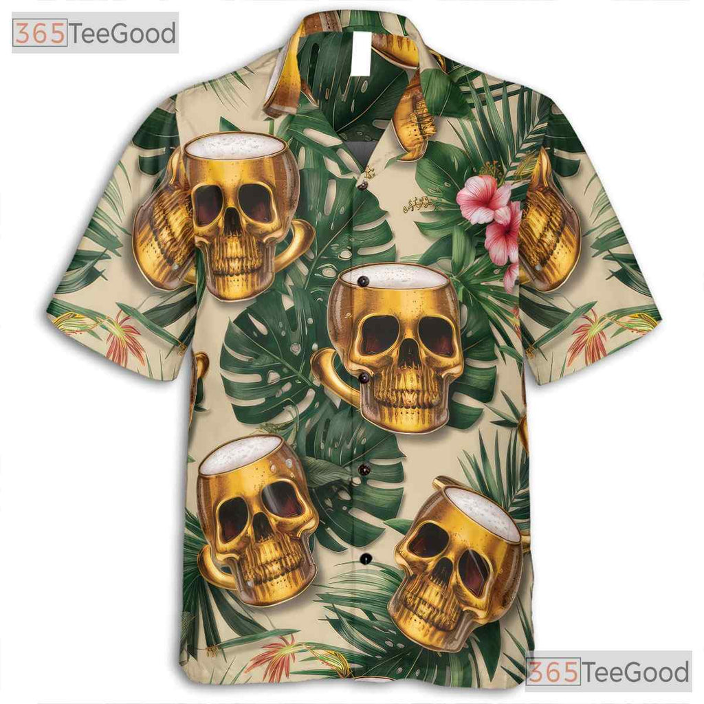Tropical Floral Tiki Party Skull Beer Mug Hawaiian Shirt Unisex Aloha Outfit