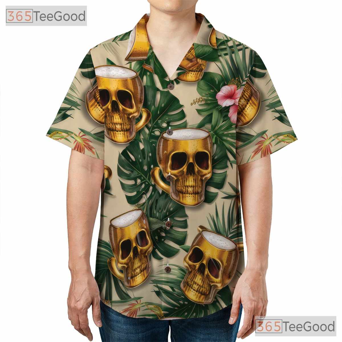 Tropical Floral Tiki Party Skull Beer Mug Hawaiian Shirt Unisex Aloha Outfit