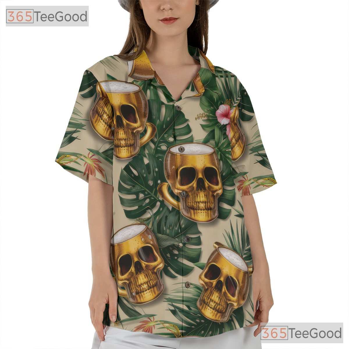 Tropical Floral Tiki Party Skull Beer Mug Hawaiian Shirt Unisex Aloha Outfit