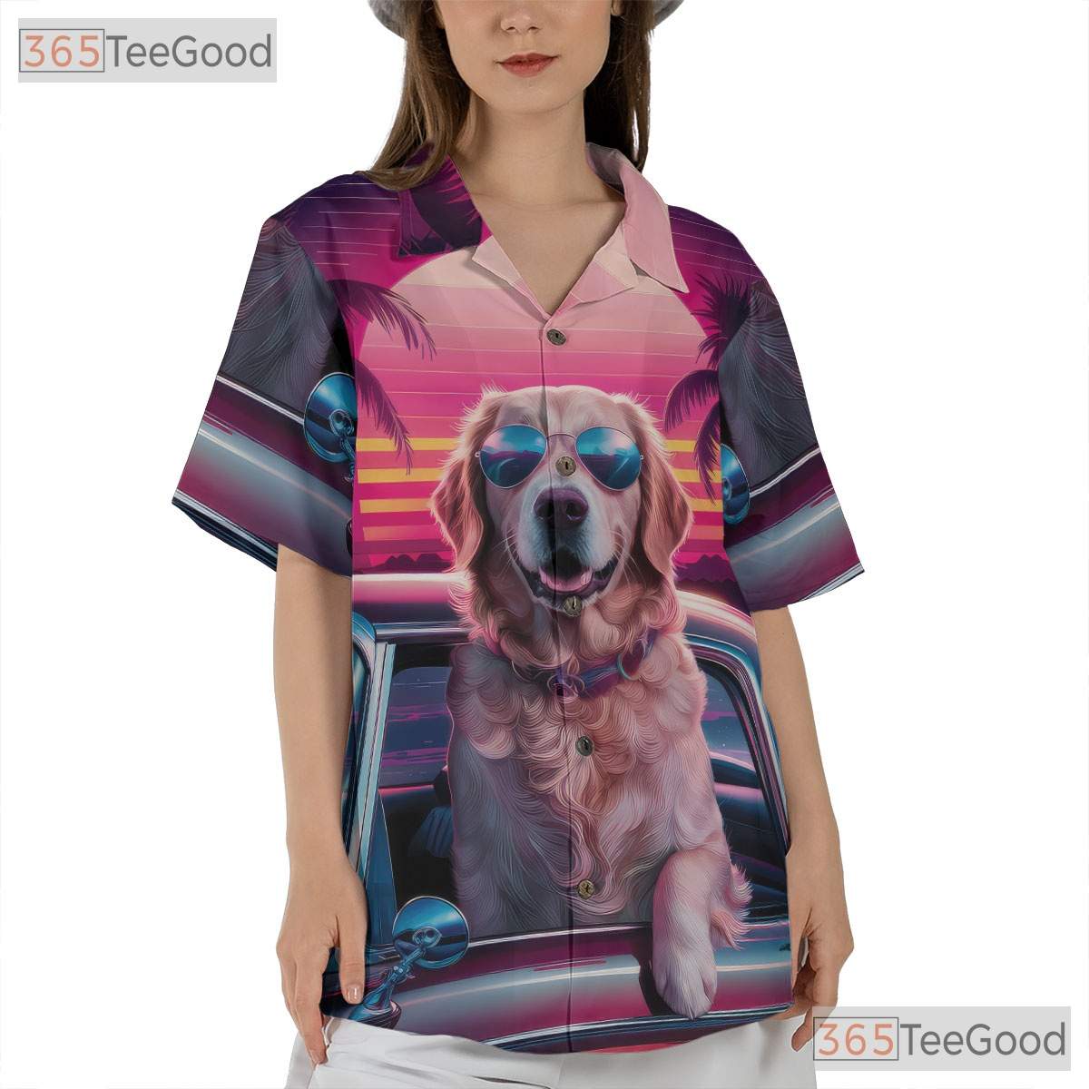 Tropical Golden Retriever Sunset Car Hawaiian Shirt Men Women Aloha Outfit