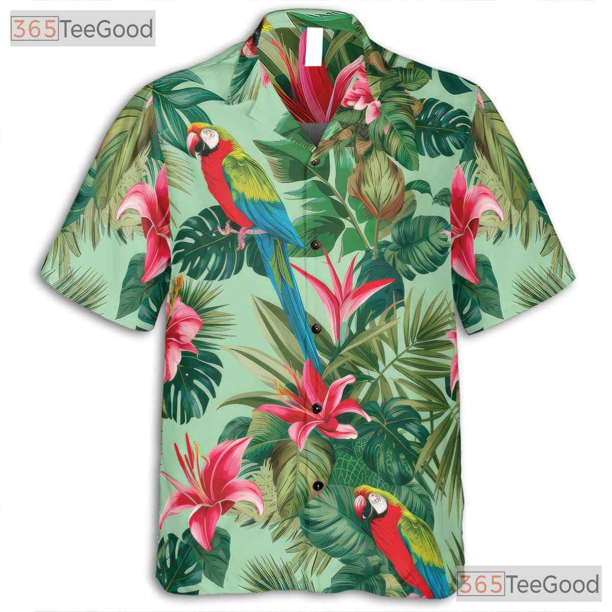 Tropical Green Palm Floral Print Parrot Hawaiian Tee Unisex Beachwear Top