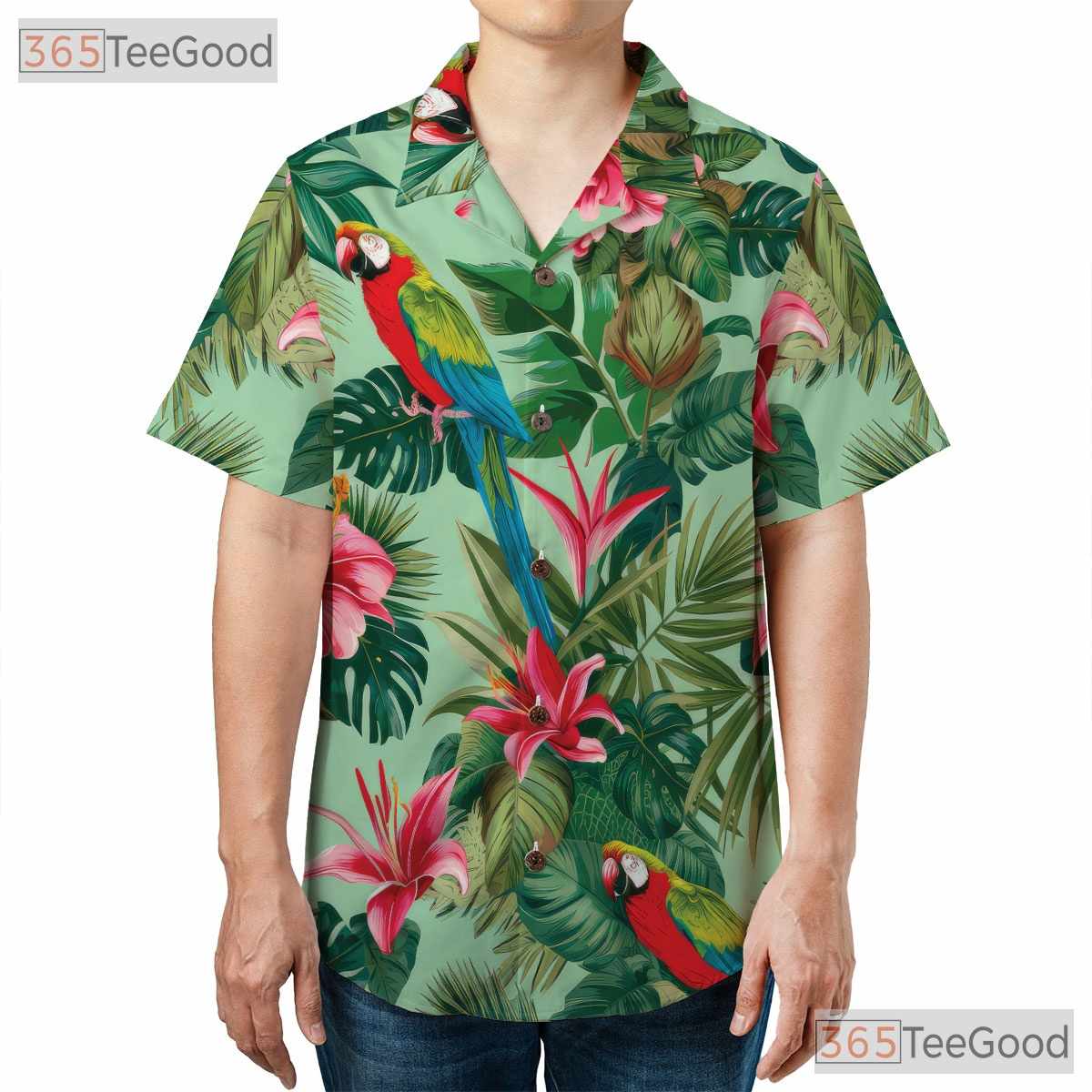 Tropical Green Palm Floral Print Parrot Hawaiian Tee Unisex Beachwear Top
