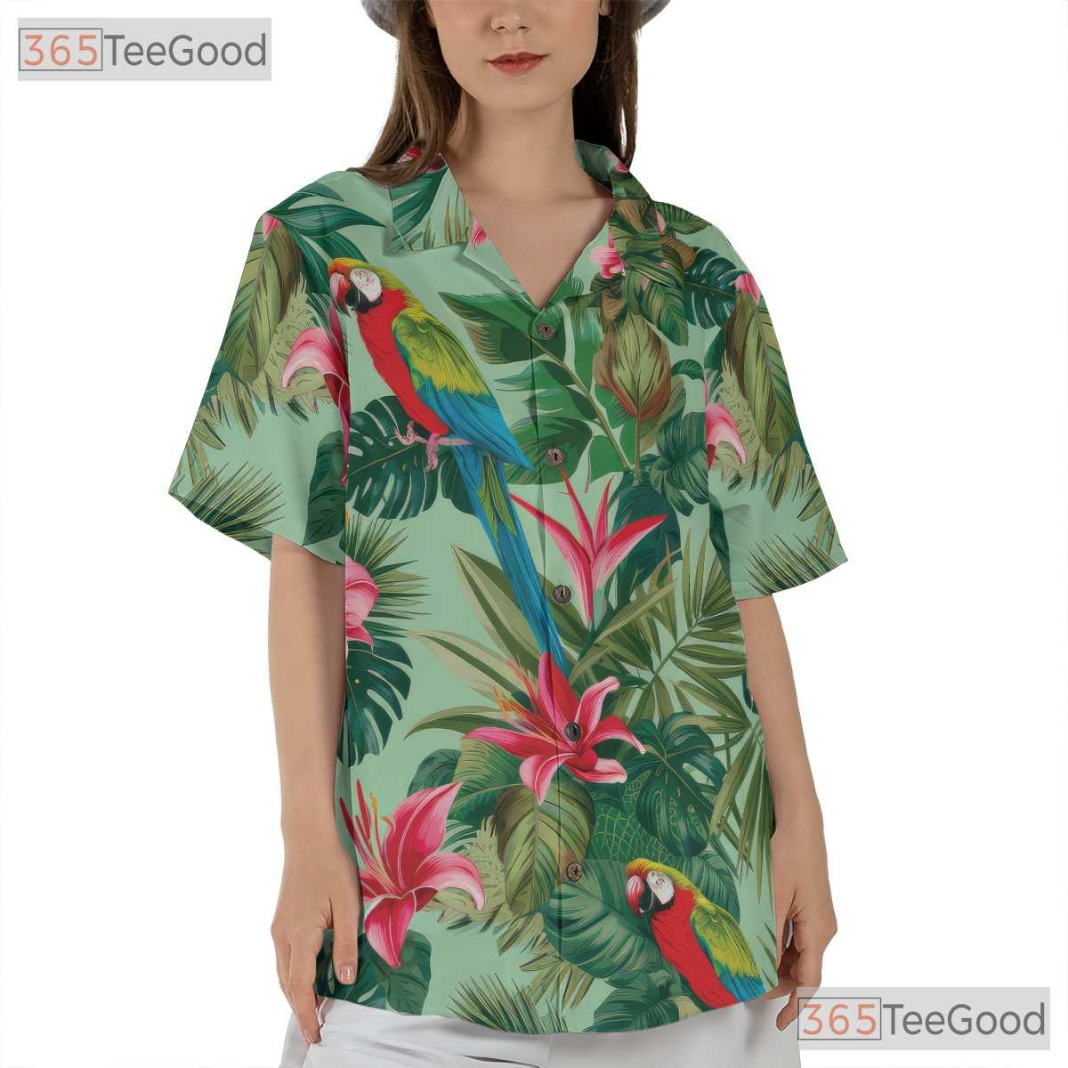 Tropical Green Palm Floral Print Parrot Hawaiian Tee Unisex Beachwear Top