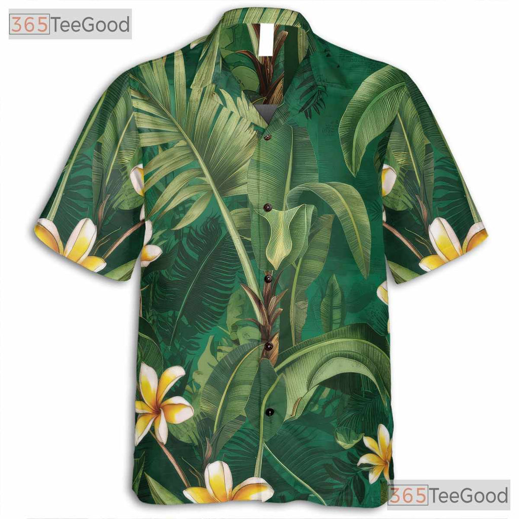 Tropical Green Palm Leaves Yellow Plumeria Aloha Hawaiian Tee Unisex Outfit Top