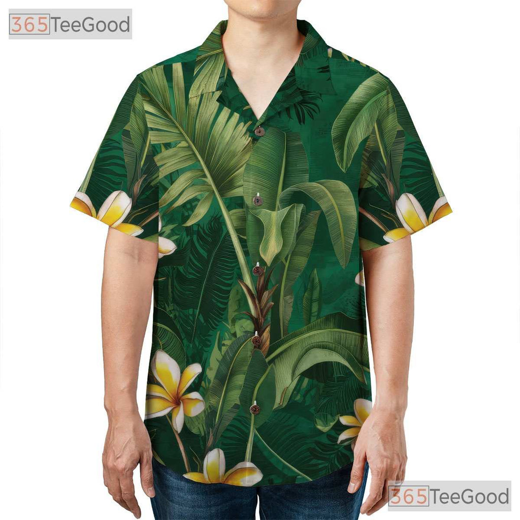 Tropical Green Palm Leaves Yellow Plumeria Aloha Hawaiian Tee Unisex Outfit Top