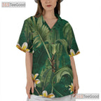 Tropical Green Palm Leaves Yellow Plumeria Aloha Hawaiian Tee Unisex Outfit Top
