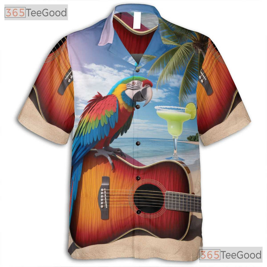Tropical Guitar Parrot Hawaiian Shirt- Unisex Sunset Beach Cocktail Aloha Tee
