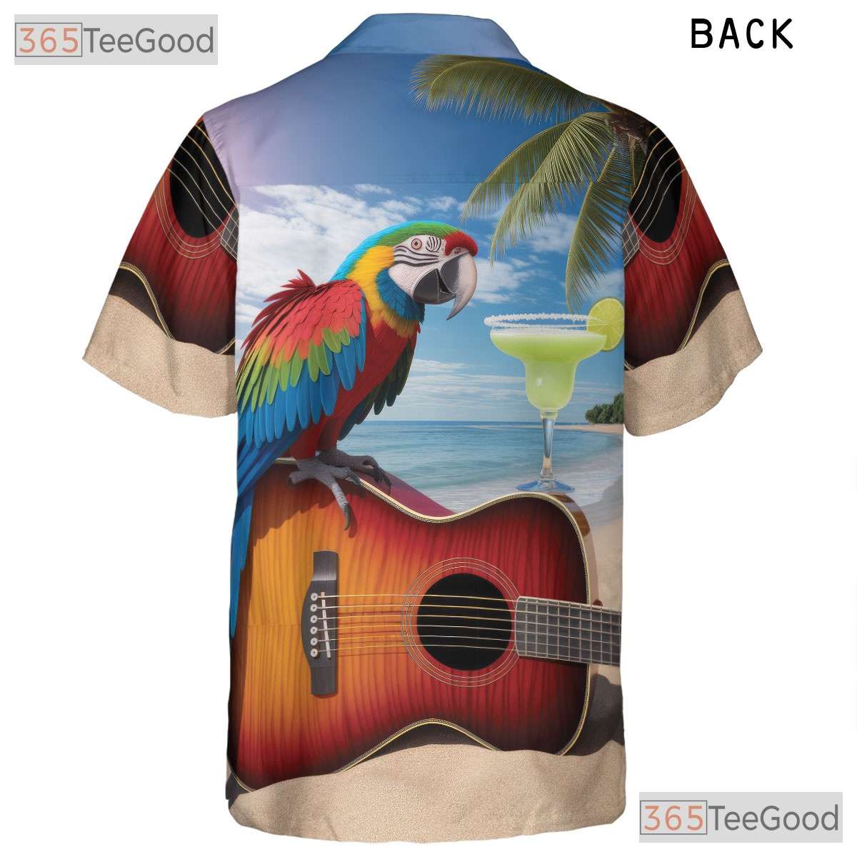 Tropical Guitar Parrot Hawaiian Shirt- Unisex Sunset Beach Cocktail Aloha Tee