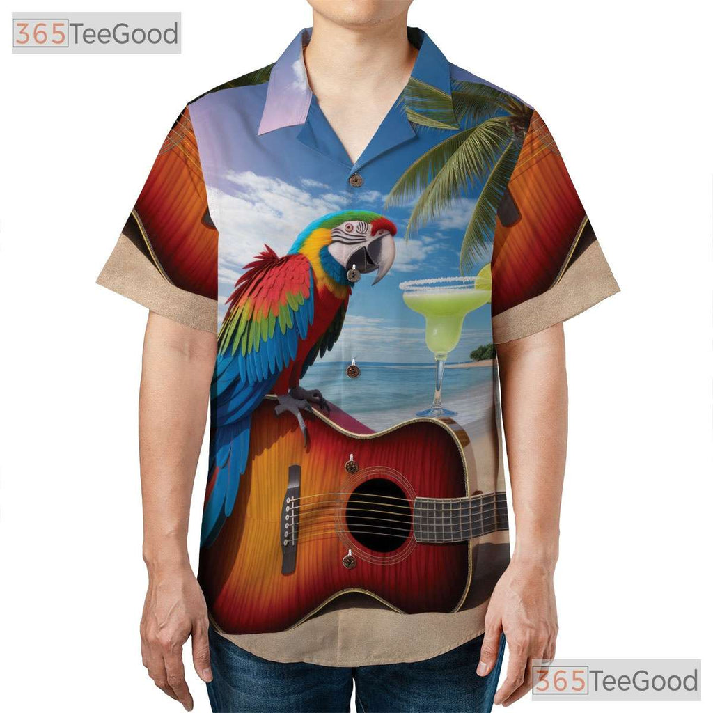 Tropical Guitar Parrot Hawaiian Shirt- Unisex Sunset Beach Cocktail Aloha Tee