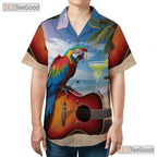 Tropical Guitar Parrot Hawaiian Shirt- Unisex Sunset Beach Cocktail Aloha Tee