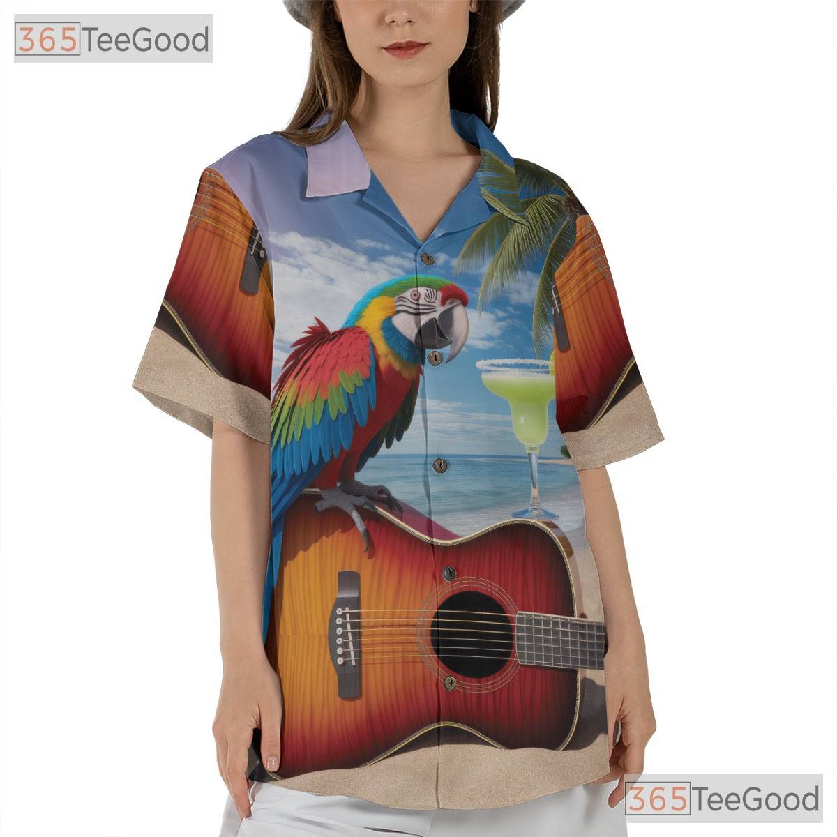 Tropical Guitar Parrot Hawaiian Shirt- Unisex Sunset Beach Cocktail Aloha Tee