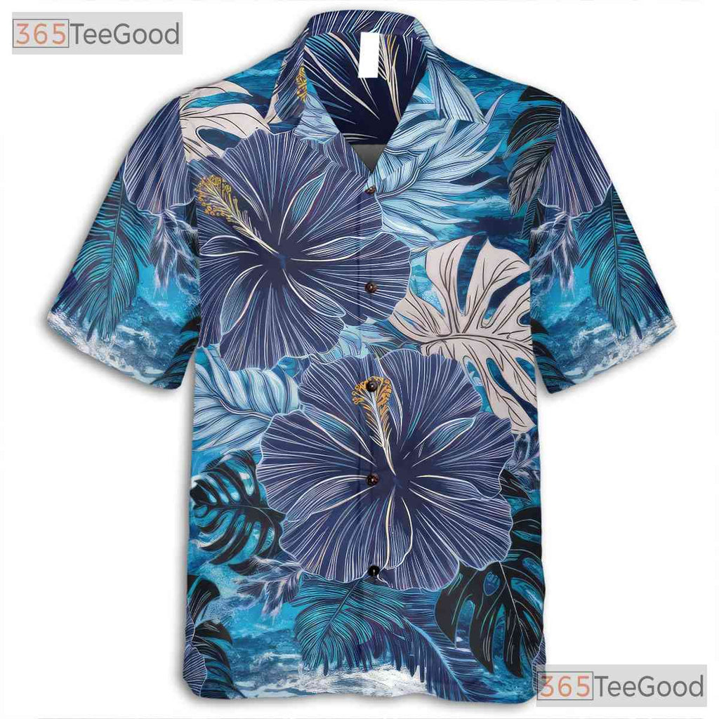 Tropical Hibiscus Blue Floral Aloha Beach Vacation Hawaiian Shirt Unisex
