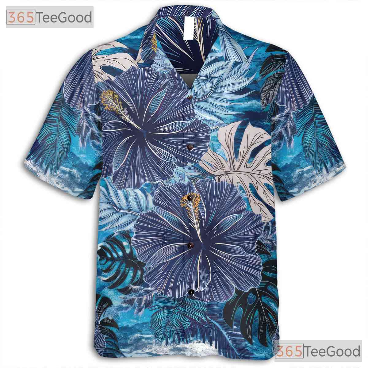 Tropical Hibiscus Blue Floral Aloha Beach Vacation Hawaiian Shirt Unisex