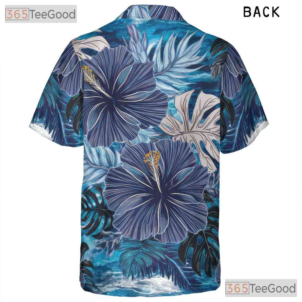 Tropical Hibiscus Blue Floral Aloha Beach Vacation Hawaiian Shirt Unisex